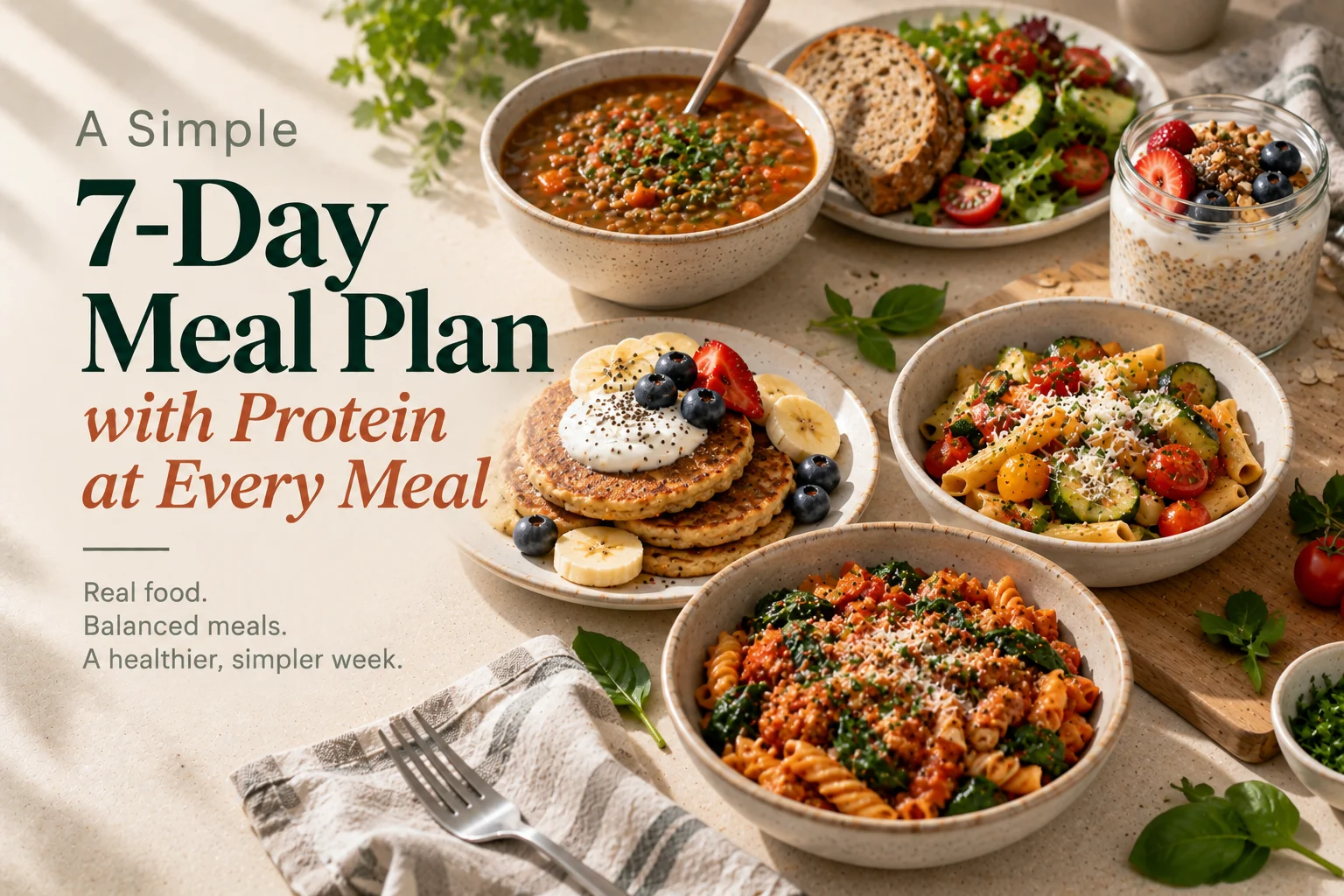 Everyday home-cooked meals with lentil soup, vegetables, pasta, oats, and yogurt